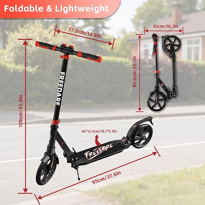 FREEDARE Kick Scooter for Kids & Adults Ages 8+, Foldable Teen Scooter with 2 Big 8-inch Wheels and 4-Level Adjustable Handlebar, Max Load 220 LBS