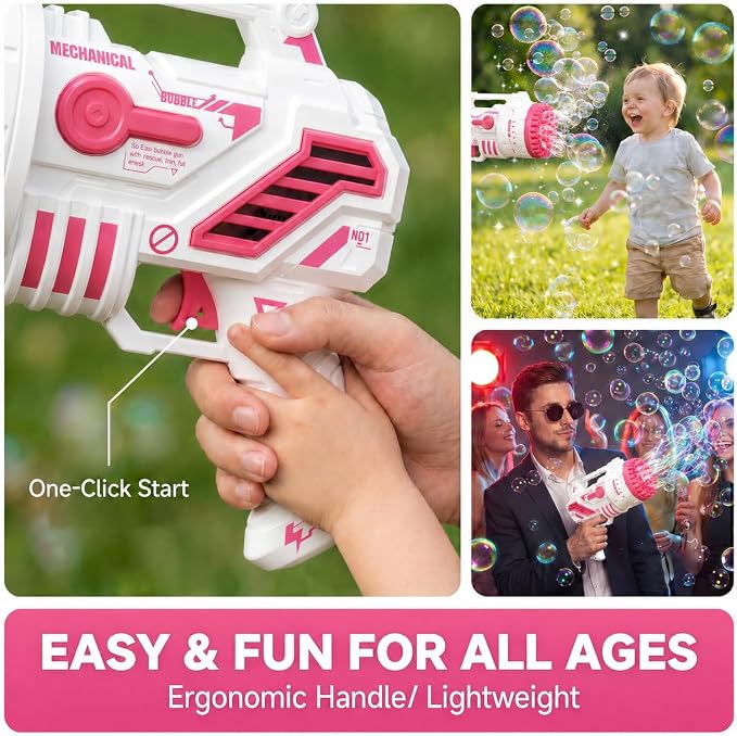 Bubble Gun for Kids, 69-Hole Bubble Blaster with LED Lights, Pink | 69-hole bubble machine gun for kids ages 4-8, with LED lights for summer, birthday, party and outdoor play.