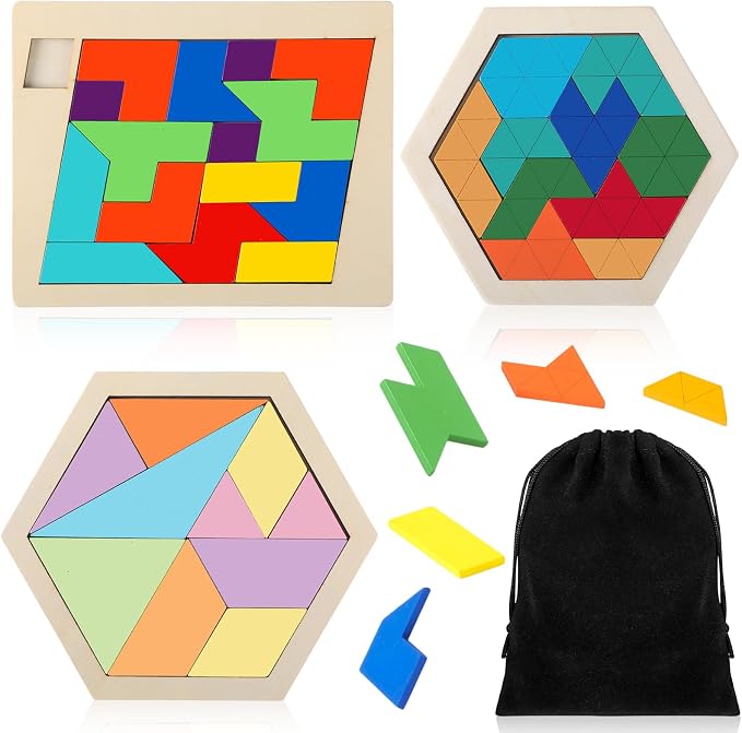 Yunsailing 3 Pack Large Wooden Blocks Puzzles Hexagon Tangram Puzzle Wooden Russian Brain Puzzles for Adult Challenge Teasers Geometric Jigsaw Logic Iq STEM Educational Gift Graduation(Classic)