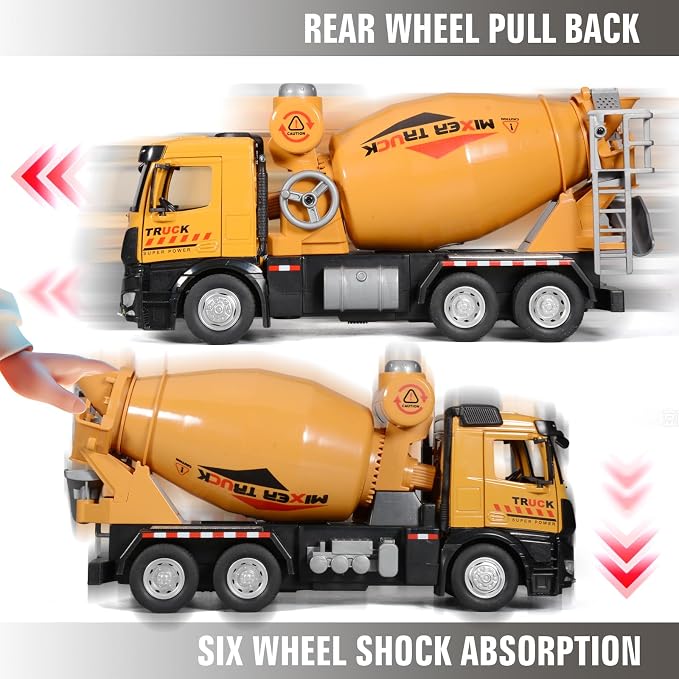 Cement Mixer Toy Truck Diecast Metal Cab Construction Truck Toys for Kids Boys and Girls Pull Back Cement Mixer with Lights and Sounds Construction Trucks for Toddlers 3-5