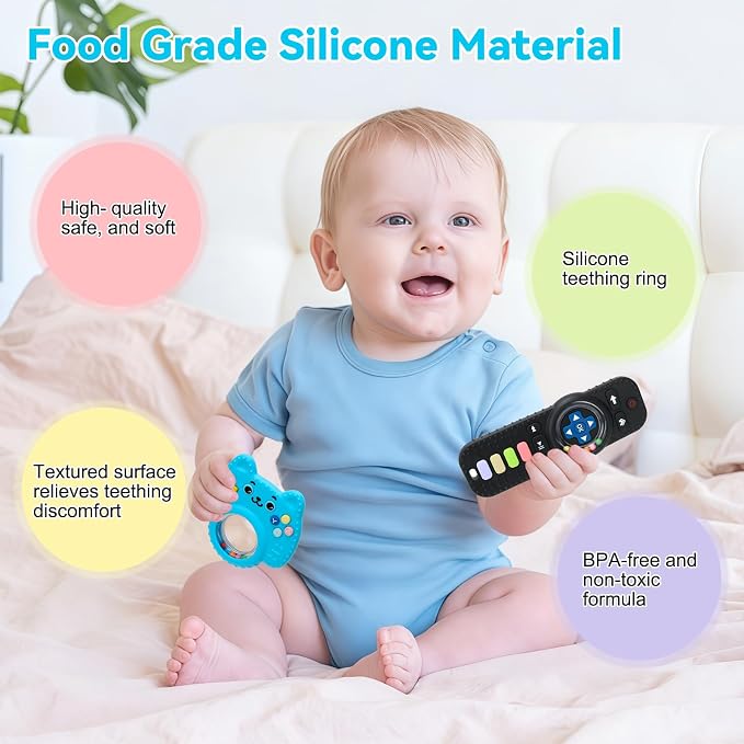 MISSLILI 2 Packs Teething Toy for Babies 0-6-9-12 Months, Silicone Baby Rattles Teether, Teething Relief Infant Toddles TV Remote Control Teether for 3-24 Months