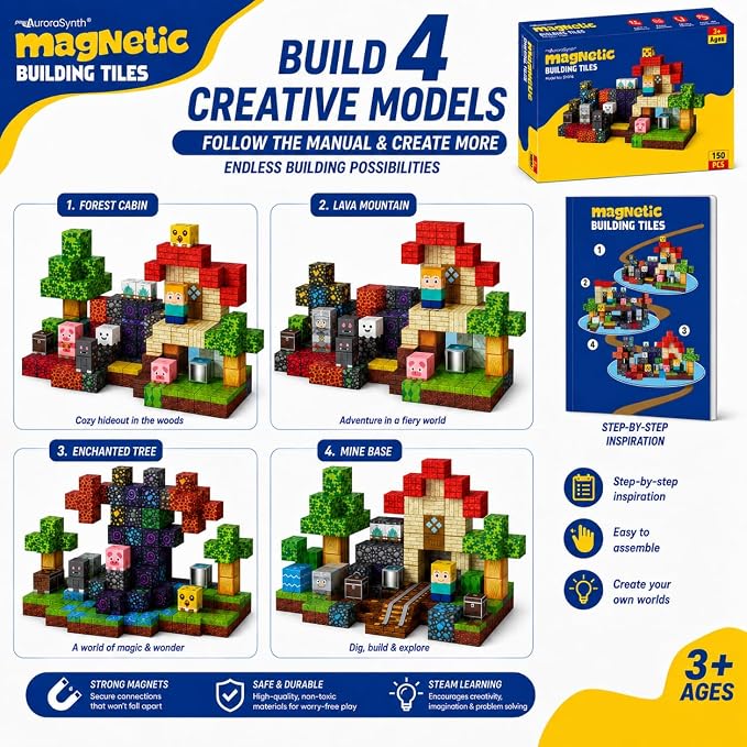 AuroraSynth 150PCS Magnetic Blocks - 0.8in Magnetic Building Blocks Cubes, Magnet Toys for Kids, Stacking Construction Magnets, School STEM Toys Birthday for Boys & Girls Ages 3+