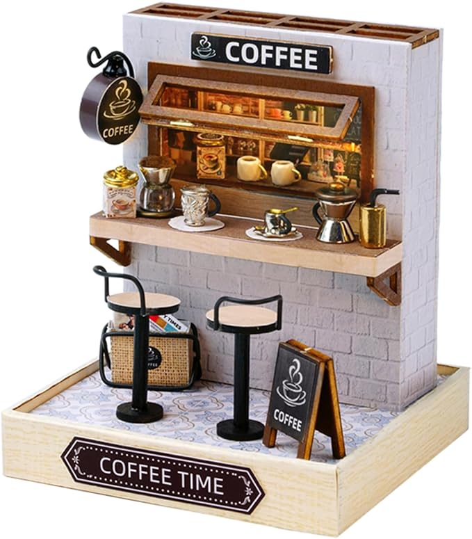 Kisoy Dollhouse Miniature with Furniture Kit, DIY 3D Wooden DIY House Kit with Dust Cover,Handmade Tiny House Toys for Teens Adults Gift (Coffee Time)