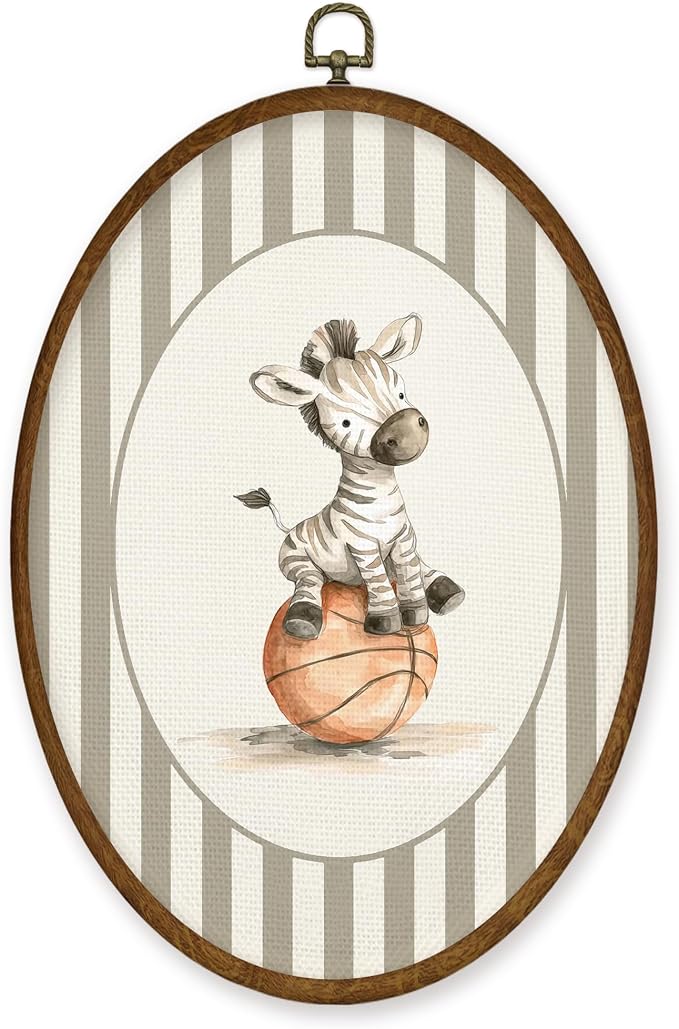 WULQYING Vintage Zebra Basketball Nursery Wall Art Decor, Sports Oval Framed Canvas Art Prints, Neutral Striped Zebra Basketball Wall Hanging Decor for Kids Boy Nursery Room Playroom, 8.5x11.4 Inches