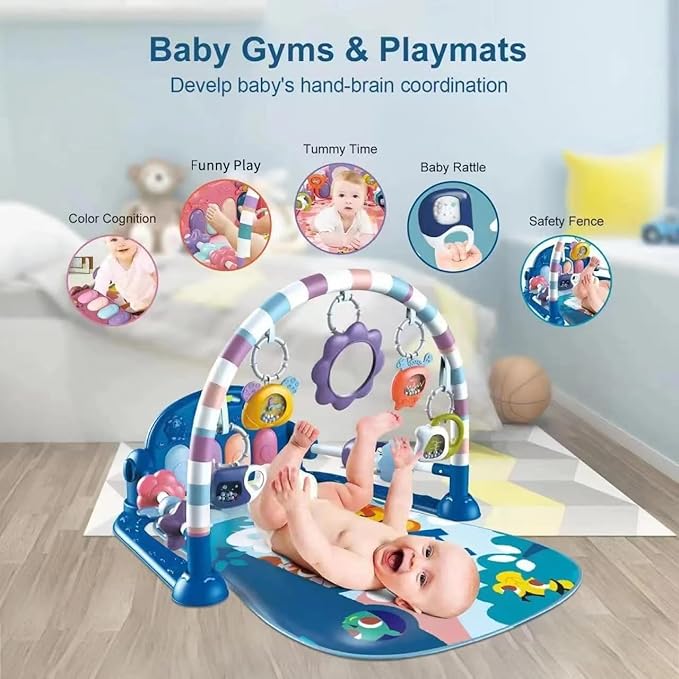 Baby Gym Play Mat, Piano Kick and Play Lights and Music Tummy Time Toys Infant Musical Activity Gym Mat for Visual, Hearing, Sensory, Gift Suitable for Newborns Aged 0 to 3 6 9 12 Months (Blue)