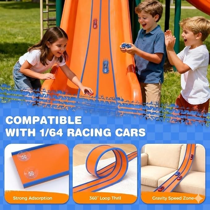 15 Ft Flexible Race Track for Kids, DIY Car Track Set with 2 Toy Cars & 3 Suction Cup Ramps, Easter Basket Stuffers for Teens & Boys Girls, Creative Easter Gifts for Kids, Orange