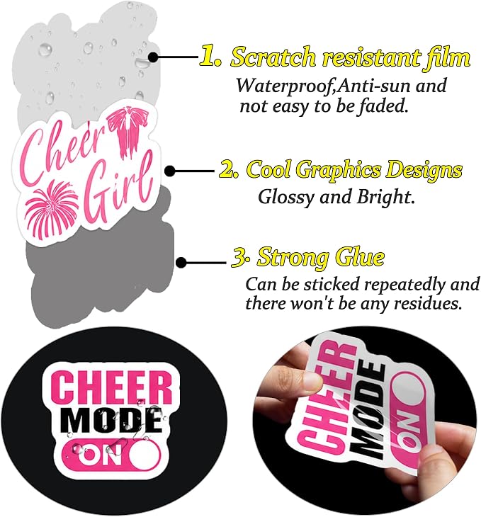 QTL Cheer Stickers for Girls Teens, Cheerleading Party Supplies, Waterproof Vinyl Stickers for Water Bottles Laptop, 60PCS