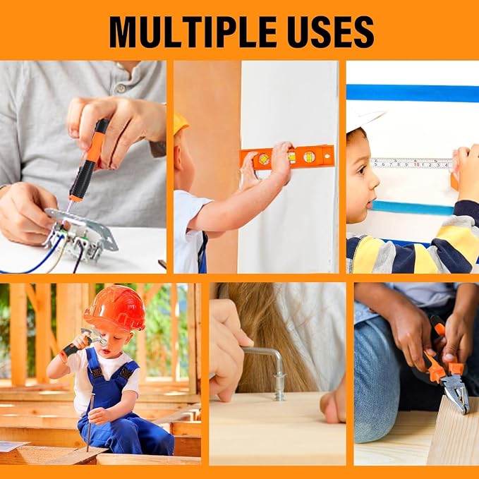 27-Piece Orange Kids Real Tool Set with Storage Tool Bag, Small Real Hand Tool Kit for Boys & Girls, Child Construction Learning Tools for Home Building and Woodworking, 6+ Years Old Boy Birthday Gift