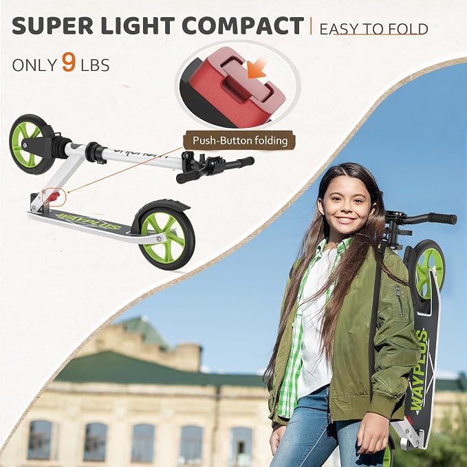 WAYPLUS KS1 Kick Scooter for Ages 6+,Kid, Teens & Adults. Max Load 240 LBS. Foldable, Lightweight, 8IN Big Wheels for Kids, Teen and Adults, 4 Adjustable Levels. Bearing ABEC9 FED Fitness