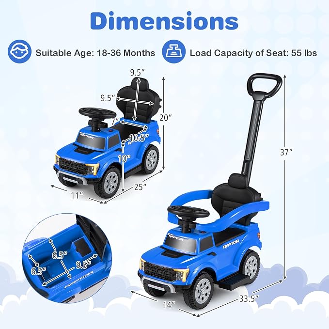 Costzon Ride On Push Car for Toddlers, 3-in-1 Ford Licensed Sliding Car w/Handle, Guardrail, Horn, Engine Sound, LED Lights, Under Seat Storage, Foot-to-Floor Kids Ride On Toys for Boys Girls (Blue)