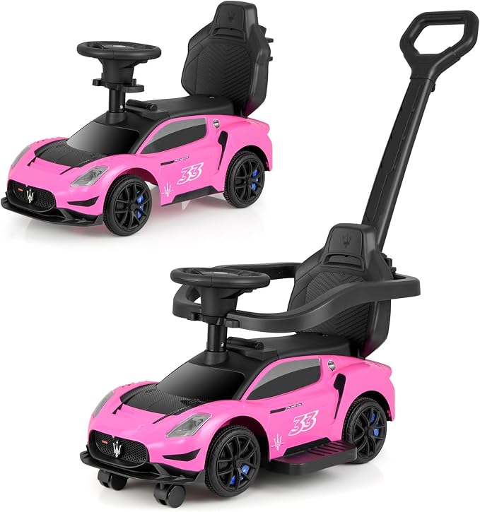 OLAKIDS Push Car for Toddlers, Licensed Maserati 3 in 1 Baby Ride on Sliding with Parent Control Handle, Universal Wheels Safe Guardrails Under Seat Storage, Kids Walking Toy with Music Horn (Pink)