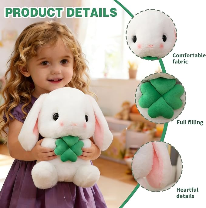 HOUPU Soft Toy - Sitting Lop Eared Rabbit, Easter White Rabbit Stuffed Bunny Animal with Carrot Soft Lovely Realistic Long-Eared Standing Pink Plush Toys (White-Four Leaf,16.9in/43cm)