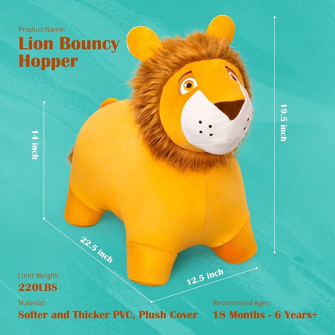 ZOOJOY Bouncy Animal Kids Lion Hopper Toys, Plush Animal Bouncy Toys for Toddlers, Indoor Outdoor Activity Ride Jumping Horse Gifts for 18 Months 2 3 4 Year Old Boys Girls (W/Pump