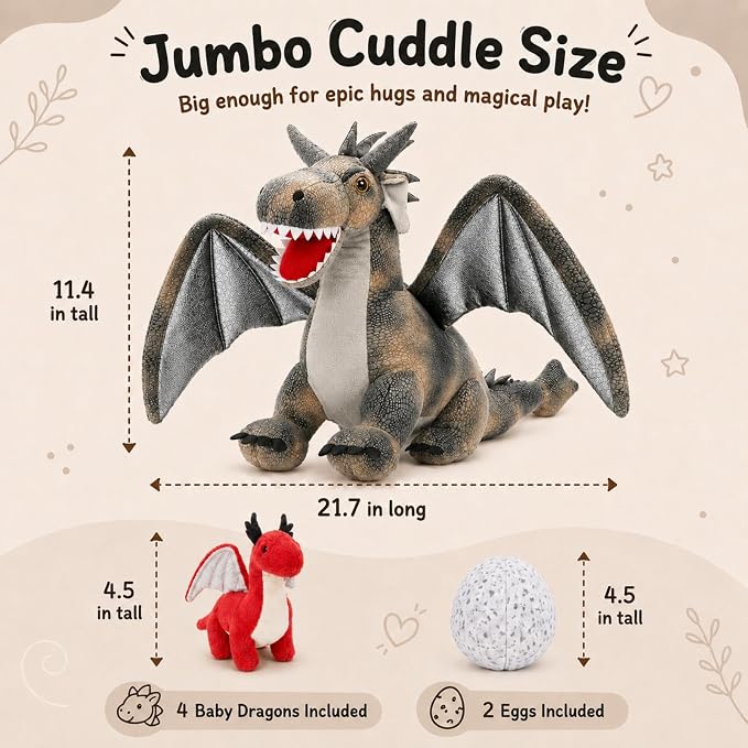 7Pcs Gray Dragon Plush Toy Set, Mother Flying Dinosaur Stuffed Animal with 4 Baby Dragon & 2 Eggs Inside, Dinosaur Stuffed Toy for Kids, Christmas Birthday Children's Day Gift for Boys Girls