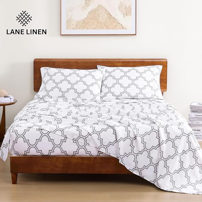 LANE LINEN King Sheets 100% Organic Cotton 4pc Percale Cooling - Trellis | Organic Cotton Percale King Sheet Set - For Hot Sleepers, All-Season Comfort, For Master Bedrooms, Crisp Hotel-Style Feel
