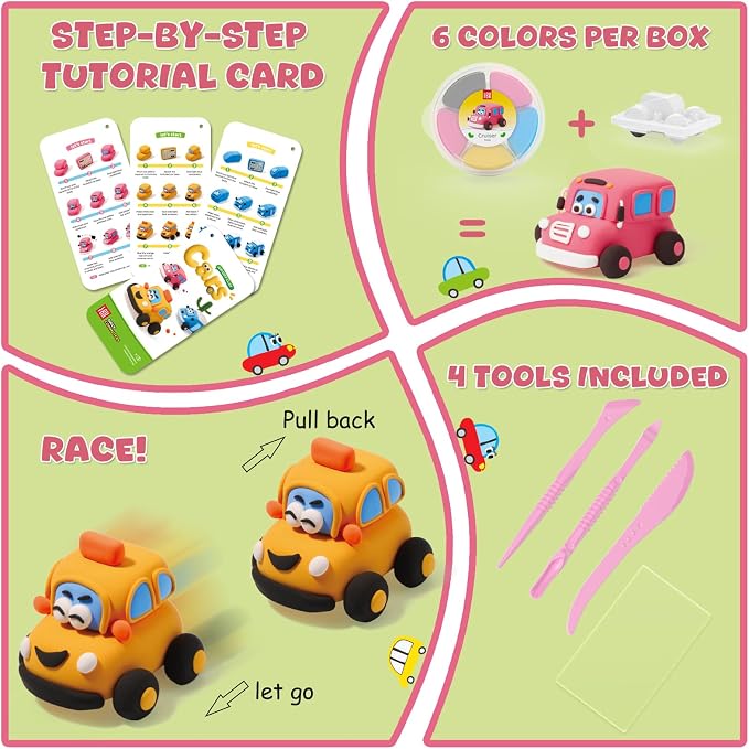 Air Dry Clay Kit for Kids - Pull Back Car Making, 3 Boxes Modeling Clay with Sculpting Tools, Base, Backing Board, Tutorial, Ultra Light & Soft, Non-Toxic & Safe, Creative DIY Arts and Crafts Toys
