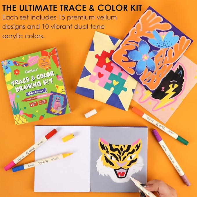 Grabie Trace and Color Drawing Kit, Beginner Friendly All-in-One Tracing Art Set with Acrylic Dual Tip Markers, 15 Pre-Printed Designs, Vellum Paper, Creative Hobby Kit, Artist Collaboration Yeti