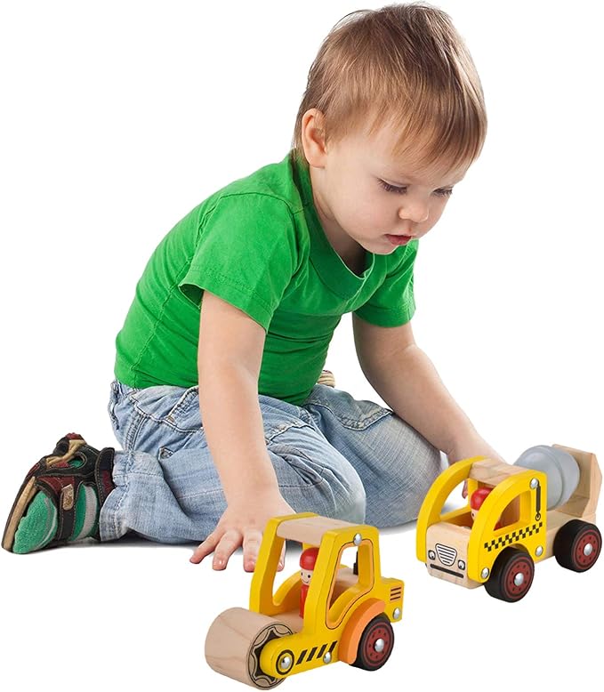 2 Pcs Wooden Push Car Toys for Infants 18+ Months, Push and Go Vehicle,Kid Vehicle Toys,Hand Push Car Toys for Toddlers, Birthday Gifts for Boys Girls(Cement Truck + Road Roller car)