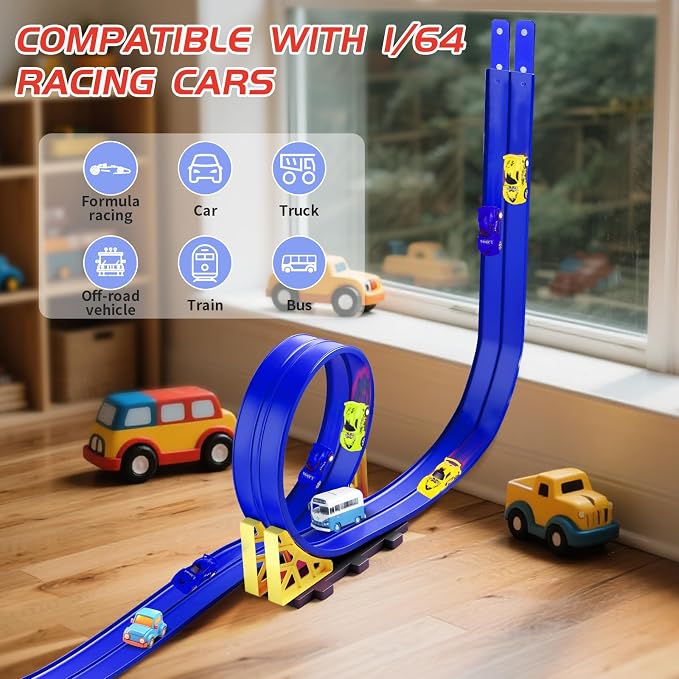 20ft Build Anywhere Portable Race Track with Suction Cups - Flexible Roll-Up Design Fits 1/64 Scale Cars, Portable Toy Gift for Kids 4+ Year Old (2 Tracks/Blue)