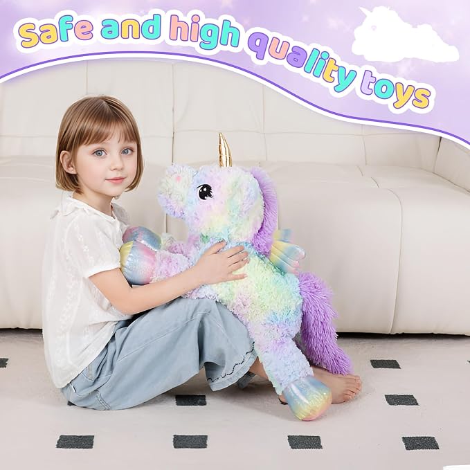 FFxiong 24 Inch Rose Rainbow Colors Unicorn Stuffed Animal Plush Toy with Wings Soft Cute Large Unicorn Plushies Animals Pillow Gift for Children Boy Girl Kids Valentine Birthday Decorations