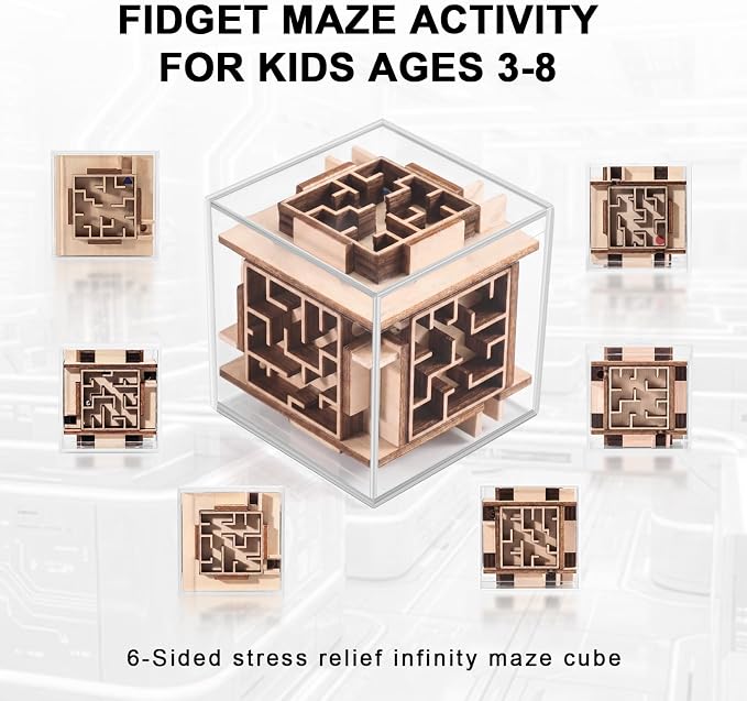 Fidget Brain Teaser Games for Kids: Wooden Puzzle Fidget Toy for Toddlers - Handheld Maze Puzzle Cube for Travel - 3D Labyrinth Game Road Trip Toys for Boys & Girls Ages 3-8