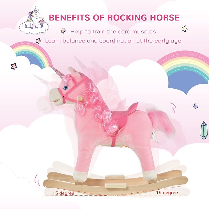 Qaba Rocking Horse, Kids Ride on Horse Unicorn Design with Wooden Base, Tail Wag & Sounds for Toddlers 3-6 Years Old, Pink