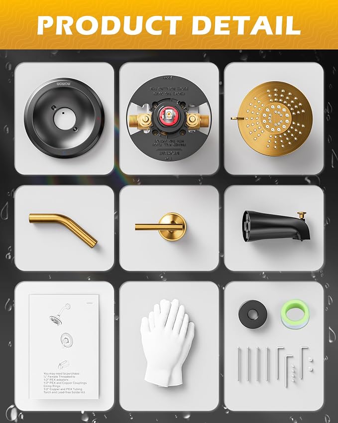 Shower Faucet Set with Valve, WOWOW Shower Trim Kit with 6-Inch Rain Shower Head and Tub Spout, Single Handle Shower Tub Combo complete Sets Wall Mount, Black and Gold