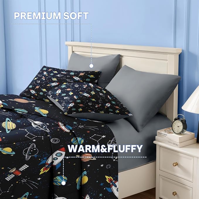 Nesker Comforter Set Queen Size, Space Moon Universe 7 Pcs Bedding for Kids Teens, Rockets Planets Starswith Fitted Sheet 2 Pillowcases & 2 Shams for Bedroom Bed Decor
