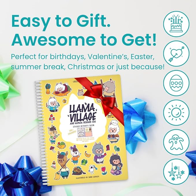 Llama Village 300+ Kids Sticker Book by Cupkin Toddler Airplane Travel Activity Coloring and Sticker Book, Road Trip Essentials, 12 Coloring Pages 12 Scenes for Ages 2–8 Years