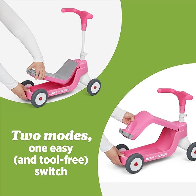 Radio Flyer Scoot 2 Scooter, Blue/Red/Pink, for Kids Ages 1-4, Ride On Toy or 4-Wheel Kids Scooter, Durable Wheels and Frame, Converts Easily with Flip Deck, Toddler Ride On Toys (Amazon Exclusive)