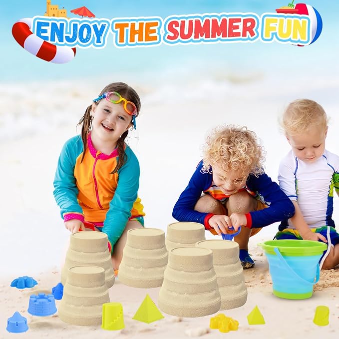 18 Pcs Beach Bucket Shovels Toys for Kids,Kids Collapsible Beach Sand Toys Sand Castle Sandbox with Long Shovel,Marine Life Castle,Sandbox with Bag for Boys Girls