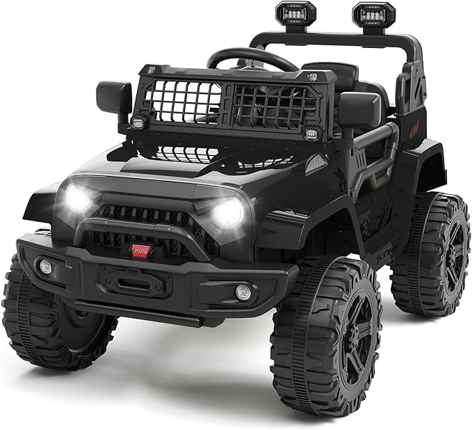 Hetoy 12V Ride on Toys with Parent Remote Control Toddler Electric Vehicle with Spring Suspension, LED Lights, Bluetooth, Music Player, 3 Speeds Ride on Car Truck for Kids Age 3-8 (Black)