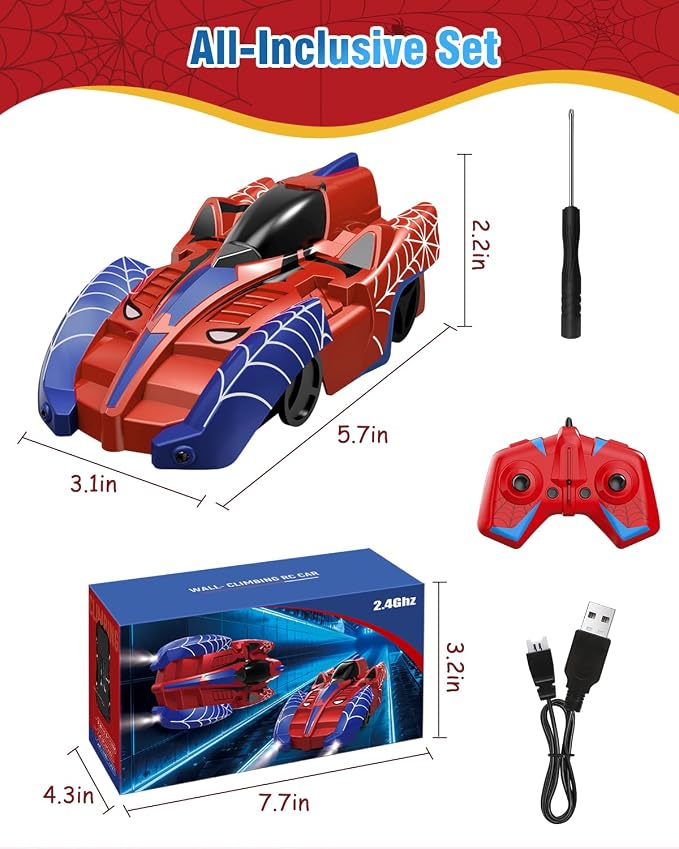 Spider Hero Wall Climbing Car Remote Control Kids Toy, 360° Rotating Remote Control Car with Light, Rechargeable RC Stunt Cars Wall Toys for Boys Kids Ages 4 and up