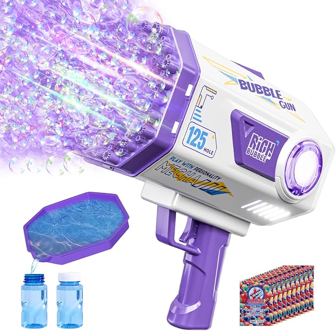 Deserthome Bubble Gun, 125 Holes Bubble Machine Gun, Bubble Blaster Gun for Kids, Rechargeable Bubble Gun with Bubble Solution, Easter Toy Party Favors Bubble Maker for Wedding Birthday (Purple)