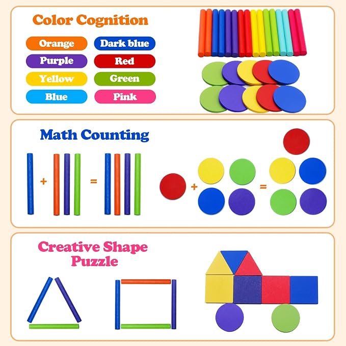Montessori Color Sorting Toy for Toddlers - 3-in-1 Wooden Fine Motor Set with 3 Interchangeable Lids, Sticks & Discs - Beechwood, Non-Toxic, Ages 18 Months to 4 Years - Gift-Ready Window Box
