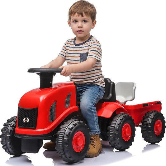 Kids Ride on Tractor, 2 in 1 Foot to Floor Push Car w/Detachable Trailer, Horn, Rake & Shovel, No Power Sliding Toy Gift for Toddlers, Outdoor Ride on Construction Vehicle (Red)