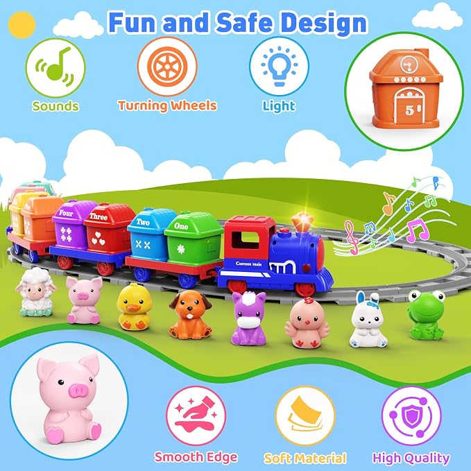 Train Set for Toddlers 2-4, Electric Toddler Train Set with Farm Animals, Music & Lights, Montessori Counting & Sorting Learning Toy, Birthday Easter for Boys Girls (Blue)