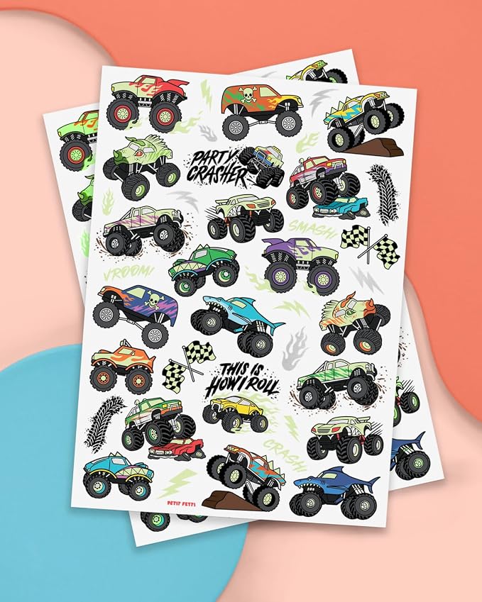 xo, Fetti Glow In The Dark Monster Truck Temporary Tattoos - 50 Foil Styles | Truck Birthday Party Decorations, Boys Pick Up Truck Party Favors, Race Car Temp Tats, Kids Arts and Crafts Supplies