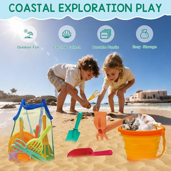 Beach Toy Set for Kids Sand Toys Summer Outdoor Play with Mesh Bag-Includes Collapsible Bucket, Mesh Shovel, Sand Shovel,Scissors Pliers,Rake Mold Kit