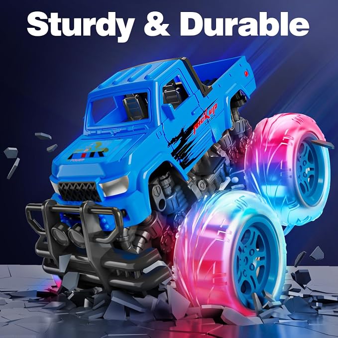 LODBY Monster Trucks Toys for Toddlers, Light-Up Trucks & Cars Toys for 2 3 4 5 6 Year Old Boy Christmas Birthday Gifts, Kids Push and Go Cars with Flashing Wheels (2 Pack)