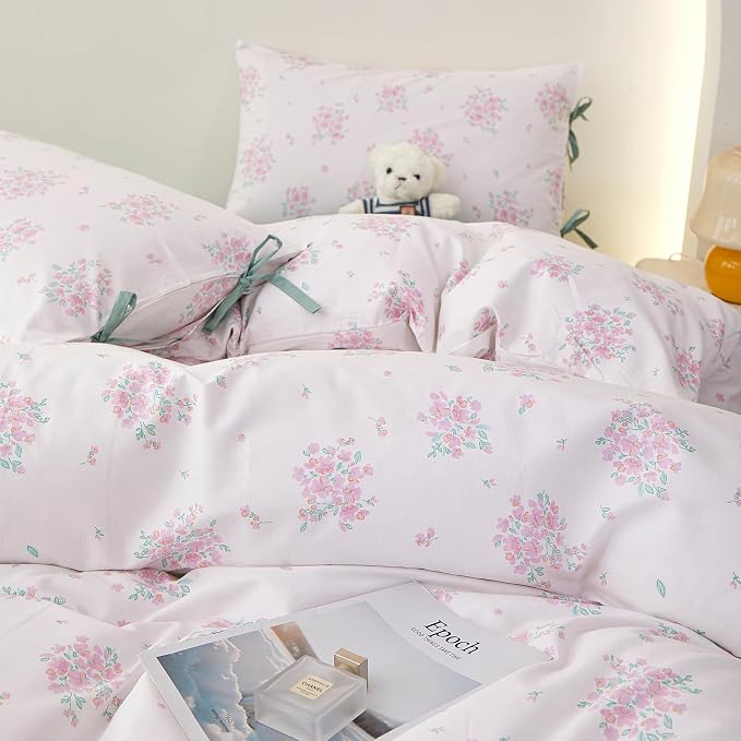 Aesthetic Floral Comforter Set King Size, 3 Pieces Pink White Cottagecore Comforter Floral Bedding Set, Lightweight Vintage Botanical Flowers Comforter with 2 Bow Ties Pillowcases for Girls Women