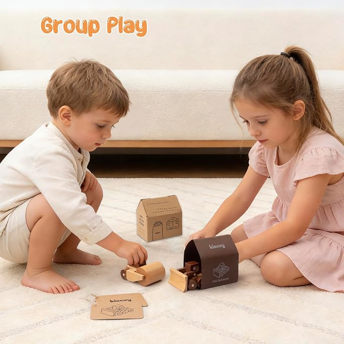 Wooden Toy Cars for 3 Year Old Boys & Girls - Construction Vehicles Set Push Toys for Toddlers, Wood Montessori Car with Rolling Wheels, Natural Wood Toys (Bulldozer & Road Roller)
