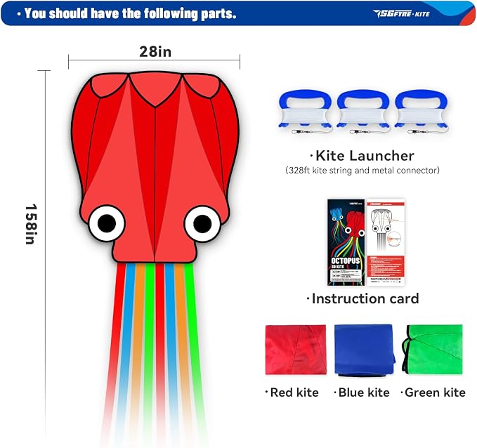 SGftre 3 Piece Set Octopus Kites for Kids and Adults，Easy to Fly for Outdoor Adults Children Line Kite for Kids Toy (Octopus red Blue Green 3-piece Set, 3)