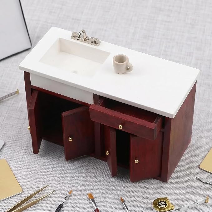 Dollhouse Furniture 1/12 Scale Miniature Sink Cabinet Wooden Bathroom Vanity Cabinet with Openable Drawer and Doors (Red)