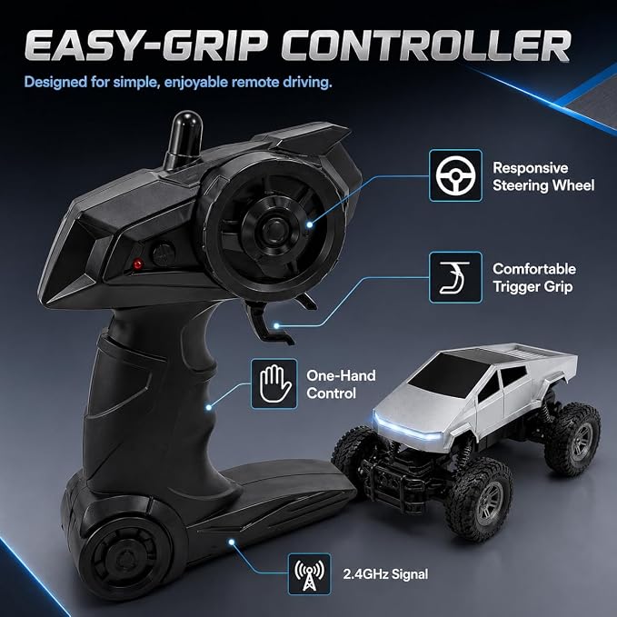 Remote Control Car, 1:18 RC Truck for Kids, 2.4GHz Remote Control Pickup Toy, All Terrain Off Road Vehicle with LED Lights, Silver Truck Gift for Boys Girls Ages 4-12