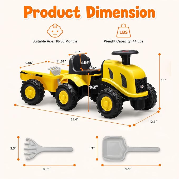 Kids Ride on Tractor, 2 in 1 Foot to Floor Push Car w/Detachable Trailer, Horn, Rake & Shovel, No Power Sliding Toy Gift for Toddlers, Outdoor Ride on Construction Vehicle (Yellow)