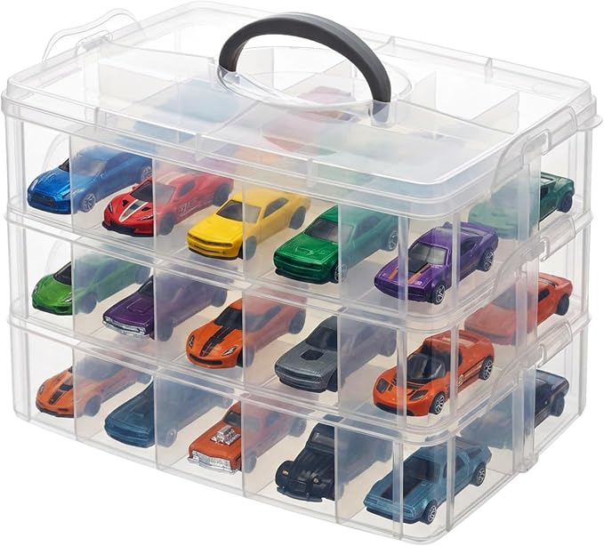 3-Tier 1/64 Scale Toy Car Storage Case with Carrying Handle Portable Transparent Storage Case Compatible with Matchbox Car Hot Wheels 30 Transparent Compartments Organizer for 30 Toy Cars