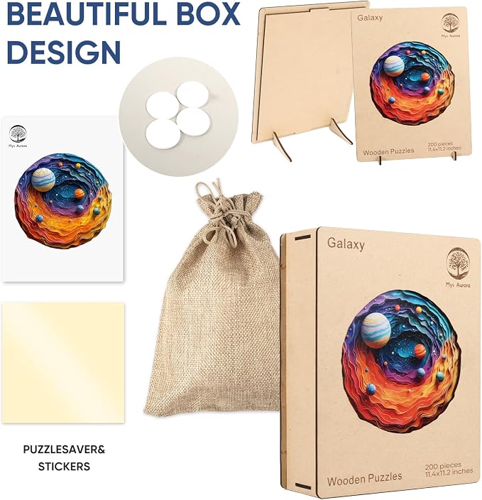 Mys Aurora Space Puzzles for Adults, 200 Piece Unique Shapes Solar System Wooden Puzzles, 3D Visual Effect Planet Jigsaw Puzzles, Family Puzzle Games Birthday Gift, 11.4 x 11.2 Inches