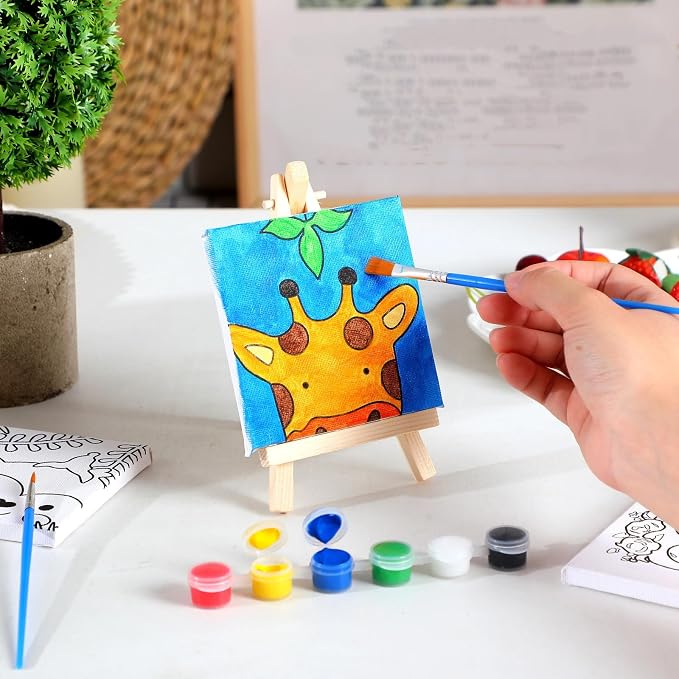 Tenceur 48 Pcs Kids Paint Party Favors Sets with 12 Pcs Animals Pre Drawn Canvas Panel and Wooden Easel Set Paint Pots and Brushes 12 Mini Apron and Tote Bag for Kids Girls Student Boys