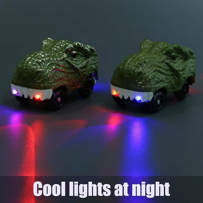 Funbud 2-Pack Dinosaur Race Car Toy for Kids - Birthday Gift for 3 4 5 6 7 Year Old Boys, LED Light Up Track Racing Car Compatible with Most Dino Race Track